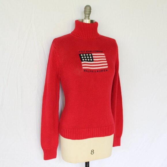 Ralph Lauren POLO Red embroidered flag American turtleneck tunic sweater RRL L - Picture 6 of 9
